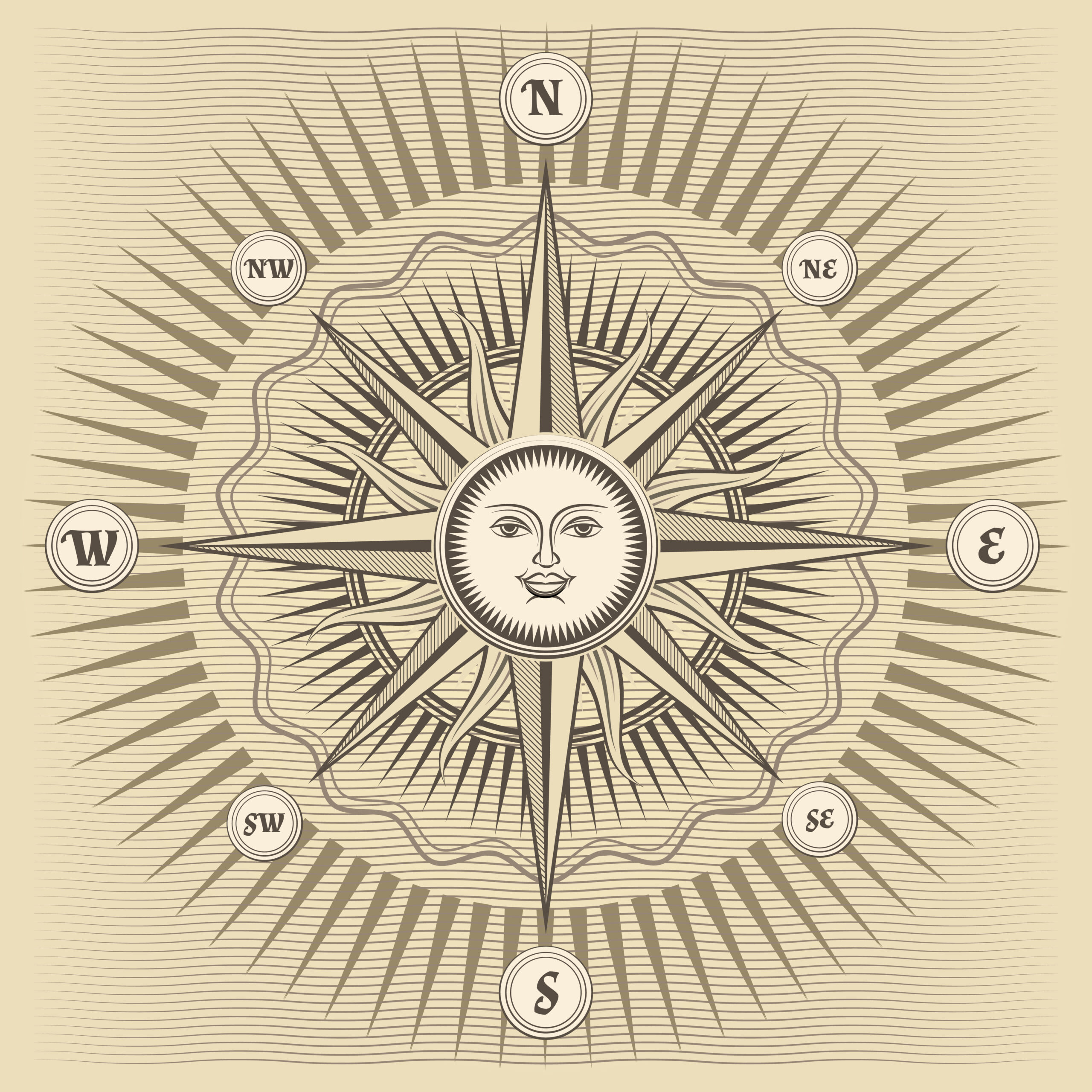 Vector vintage compass rose with the sun in the center